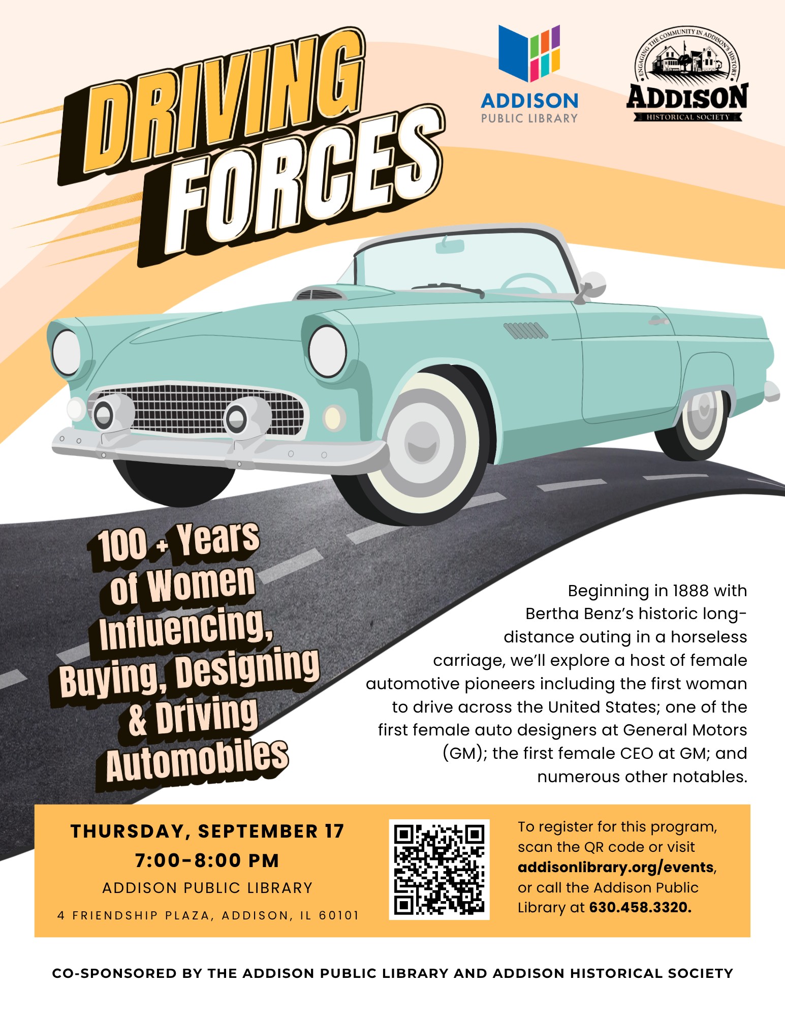 Driving Forces Flyer 2026 describing free joint historical progam by the Historical Society and Library to be held on September 17th.
