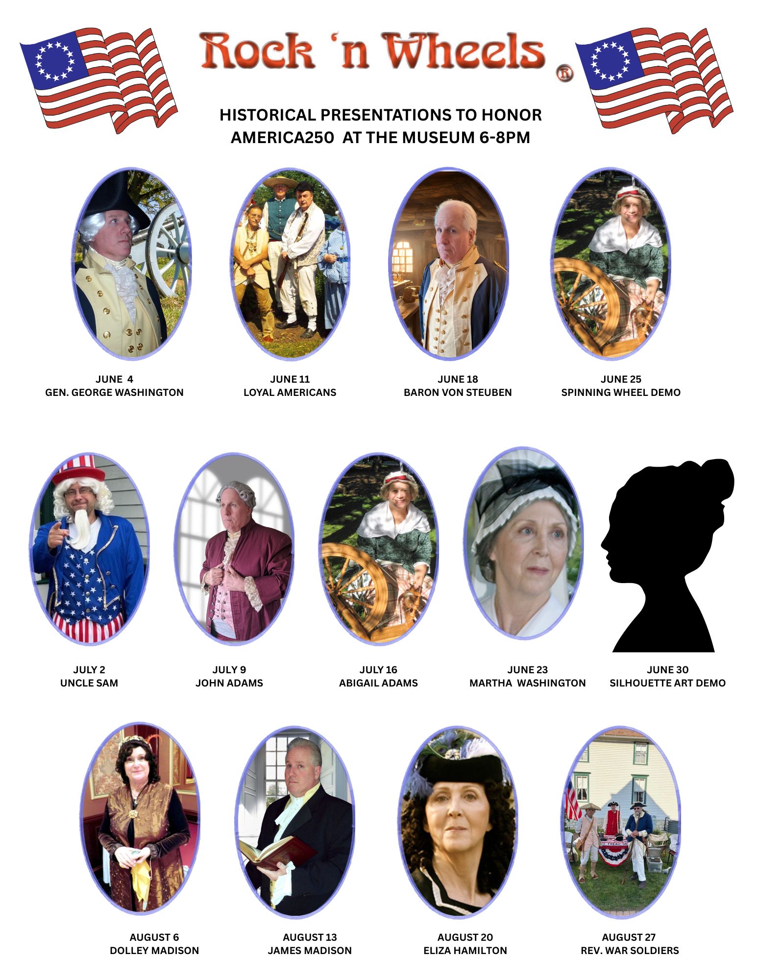 Flyer depicting Historical Reenactors for each week of Rock 'N Wheels